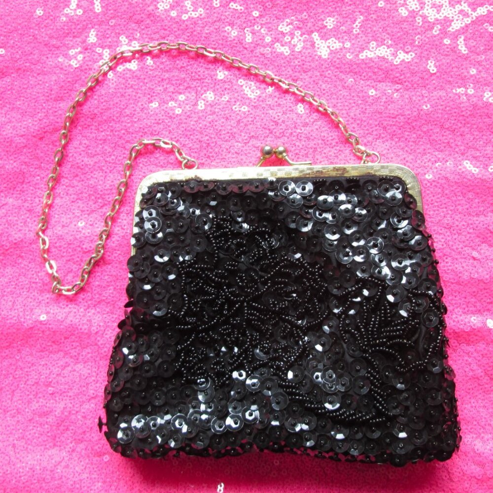 1950s vintage black beaded purse clutch flapper evening bag